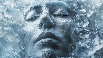 An extreme closeup of a persons face in an ice bath with the words Mind over matter etched into the ice photo