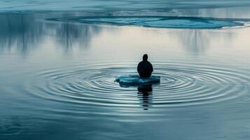 A serene image of a lone figure in an ice bath with the words Find peace in the discomfort accompanying the photo