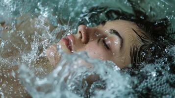 A person lying on their back face scrunched up as they dip their head in cold water for tension release photo