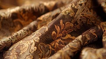 A closeup of a vintage jacquard fabric showcasing a raised and intricate pattern in shades of brown and gold. The textured appearance of the fabric is evident in the detailed shot makin photo