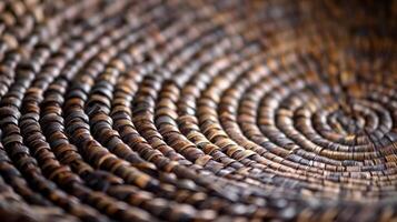 A close view of a round handwoven basket displays a unique bubble pattern created by the overlapping weaves of thin dark reeds photo