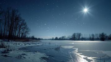 A frozen pond glimmers in the moonlight providing a serene spot for an individual to take an evening ice bath under the stars photo
