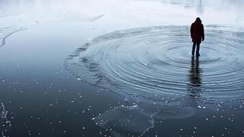 A person standing on a frozen pond eagerly anticipating their first plunge into the icy water photo