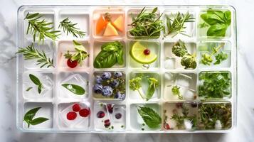 An ice cube tray filled with different herbs and fruits used for making infused ice cubes for ice baths photo