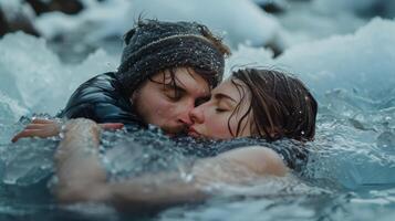 A couple sharing a warm embrace while submerged in a naturally formed ice bath photo
