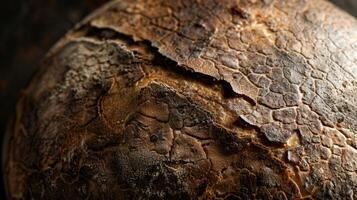 The unique and rustic shape of a round artisan loaf with its slightly charred edges and soft pillowy interior photo