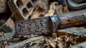 The intricate carvings on a woodworkers saw the handle smooth and weathered from years of use photo