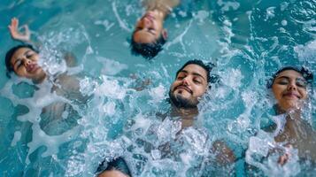 A group of people practicing cold water therapy immersing their bodies in icy water to stimulate flow and reduce joint inflammation photo
