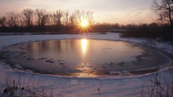 A serene and quiet ice hole with no signs of anyone daring to take a dip as the sun sets on the frozen lake photo