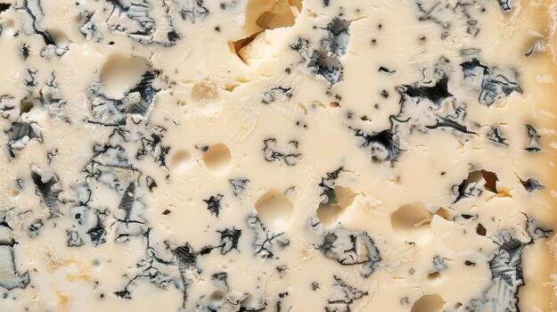 A block of sharp crumbly cheese with a marbled pattern of blue s running through it revealing its aged quality photo