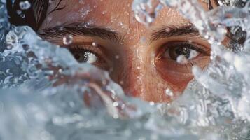 A closeup of a persons face as they bravely dip their head under the icy water photo