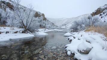 Nestled in a quiet valley a peaceful river runs through a snowy landscape providing a tranquil setting for a solo ice bath experience photo