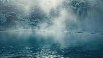 Steam rises from the surface of the icy pool creating a mystical dreamlike atmosphere photo