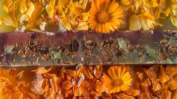 A magnified image of a rectangular soap bar that has been in half revealing the colorful layers of dried calendula flowers and ground coffee beans that make up its unique texture. Th photo