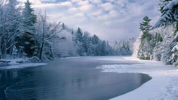 The winter scenery adds to the intensity of the plunge with snowcovered trees and frozen lake surrounding them photo