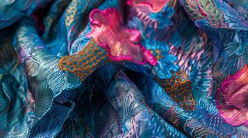 The unique texture and pattern of an upcycled silk scarf are depicted in a detailed closeup. Each piece is oneofakind made from repurposed silk to reduce waste in the fashion industr photo