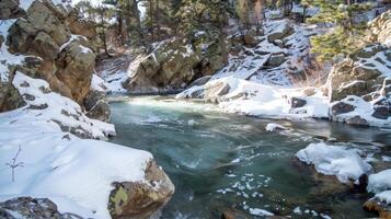 A rocky river bank with an ice bath nestled a the rocks offering a refreshing dip while surrounded by nature photo