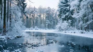 A snowcovered forest provides the perfect setting for a guided meditation session by a frozen lake encouraging guests to connect with nature while immersing themselves in cold water photo