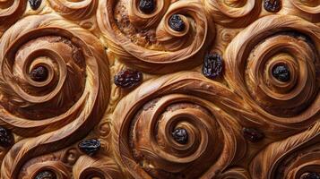 The intricate swirls and patterns on the surface of a cinnamon raisin bread expertly crafted by an artisan baker photo