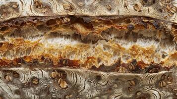 A crosssection of a multigrain artisan bread displaying the variations in color texture and grains throughout photo