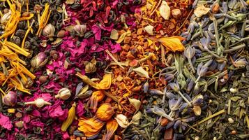 A composition of assorted herbal tea blends with bright petals twigs and buds that make up the diverse palette of organic tea photo