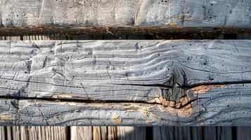 The closeup of a weathered wooden bench showcasing the rough edges and lines of the wood and its earthy tones photo