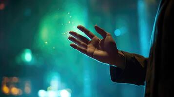 Closeup of an actors hand reaching out to touch a simulated environment in an immersive theater production. photo