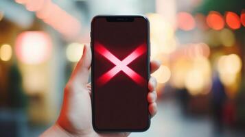 Closeup of a smartphone with a red X over it, reminding users to think before posting hurtful messages online. photo