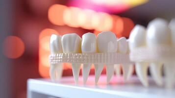 Closeup of a 3D printed model of a patients teeth, created using data from AI dental software. photo