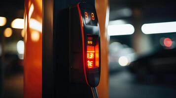Closeup of a charging station with a charging in progress indicator light lit up. photo