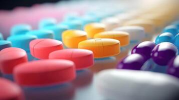 Closeup of an array of different colored pills being sorted by a pharmacist into separate compartments. photo