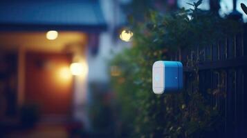 Closeup of a motion sensor, detecting movement and triggering a smart homes exterior lights to turn on. photo