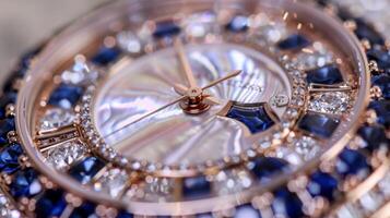 A luxurious watch with a motherofpearl dial and a bezel adorned with shimmering sapphires making for a stunning statement piece photo