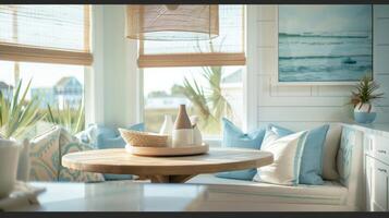 A cozy and inviting beach house kitchen complete with a breakfast nook bathed in natural sunlight coastal artwork and soft beachy hues photo
