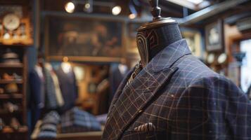 A bespoke suit takes shape as a tailor skillfully ds and pins fabric on a mannequin bringing the design to life photo