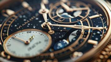 A closeup of a vintage watch face featuring a moon phase complication capturing the beauty and precision of traditional watchmaking photo