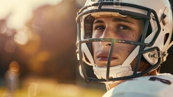 A portrait of a player dressed in a crisp white jersey and helmet confidently surveying the field with determination photo