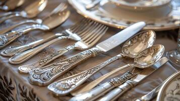 A set of antique silverware engraved with a delicate crest and elaborate monogram used for lavish dinners and social gatherings in high society photo