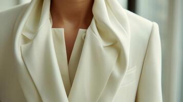 An elegant ivory blazer with a unique shawl collar and crafted from a lightweight and breathable wool blend photo