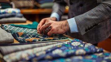 Custom patterns and fabric swatches are laid out on a ting table as a tailor chooses the perfect combination for a bespoke suit photo