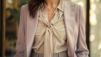 A tailored blazer in a subtle muted lavender paired with a cream blouse and gray trousers photo