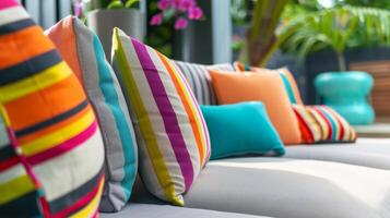 A lively and welcoming outdoor sitting space boasting a mix of playful striped cushions in various sizes and colors creating a fun and dynamic atmosphere photo