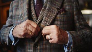 A tailor carefully irons out any wrinkles and adjusts the fit of a bespoke suit ensuring it looks sharp and polished photo