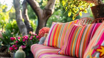 A cheerful outdoor seating area with bold and bright striped cushions adding a pop of color against the natural backdrop of trees and plants photo