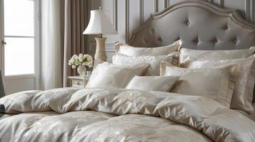 Embracing the luxuriousness of silk this bedding set boasts a luminous sheen and a delicate intricate pattern adding depth and texture to any bedroom photo
