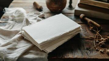 A set of highquality linen writing paper featuring a subtle watermark and deckle edge ideal for composing thoughtful notes or letters that convey both refinement and sentimentality photo