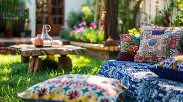 A whimsical seating area in the backyard with quirky patterned cushions and eclectic wooden furniture. Perfect for leisurely afternoons and lively conversations with friends photo