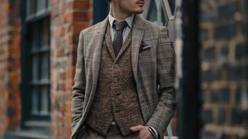 A timeless tweed blazer in muted tones of beige and brown perfect for adding a touch of class to any outfit photo
