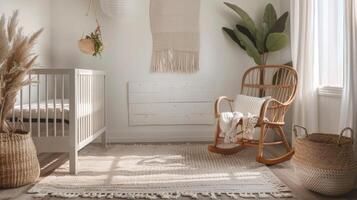 A neutralthemed nursery with a calming color palette including a light gray crib and a soft rug. A wooden rocking chair and woven storage baskets add a touch of warmth and natural photo
