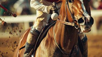 A closeup of a player gracefully galloping on their horse expertly controlling the reins and mallet for a precise shot photo